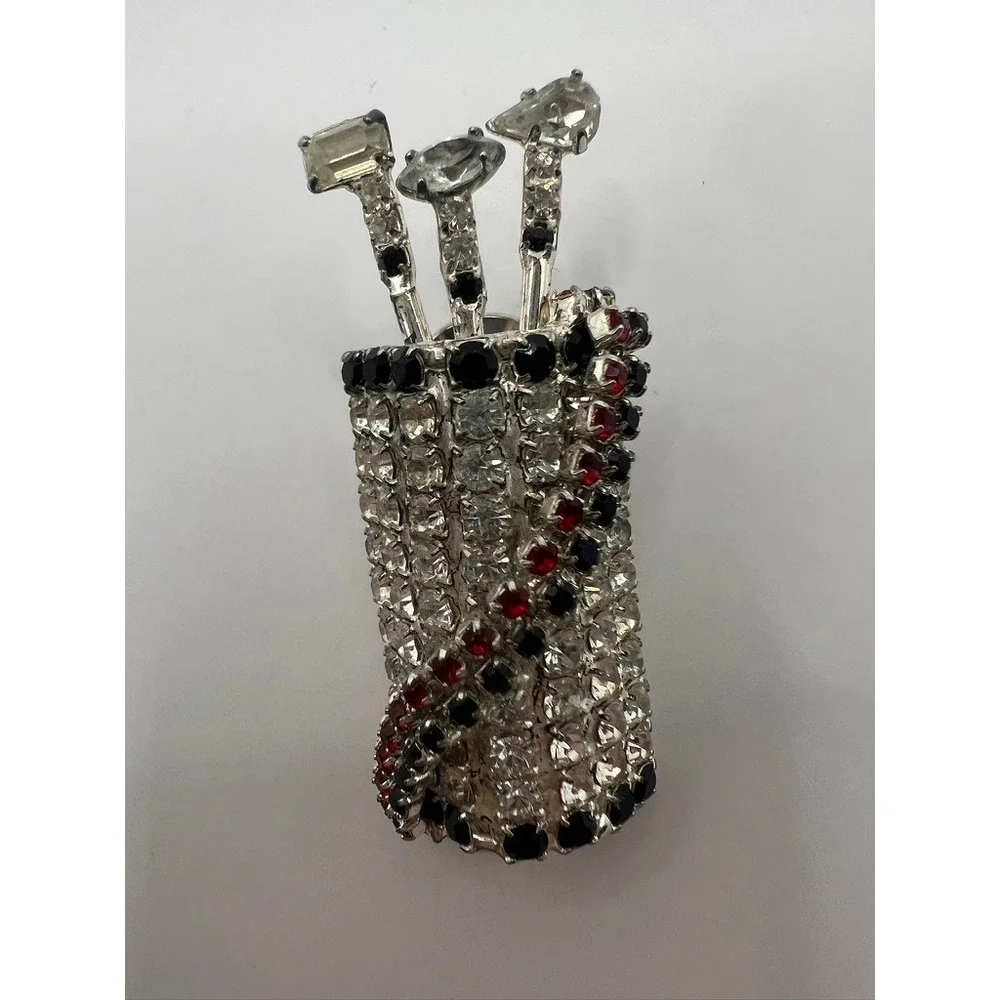 Vintage Dorothy Bauer Golf Bag Pin Rhinestone Red Black‎ Novelty Brooch 80s Chic